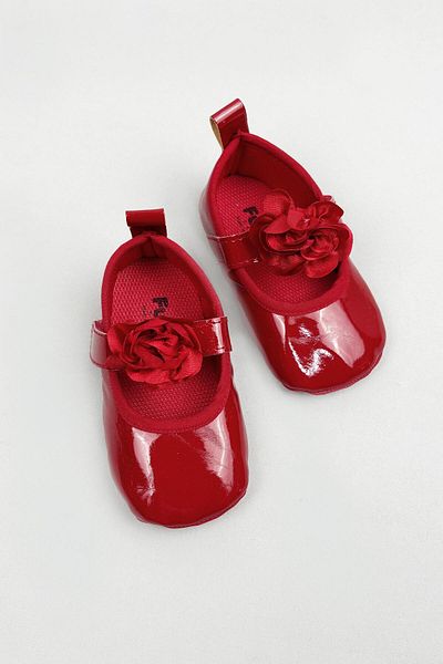 Funny Baby Floral Banded Patent Leather Baby Booties Red