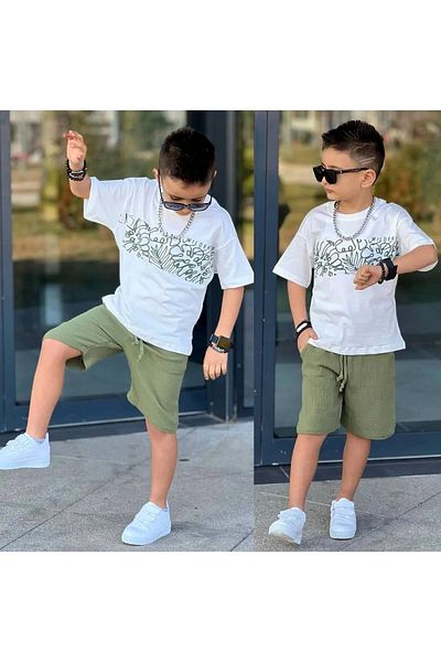 sinmm Bottom Muslin Fabric Top Detailed Embossed Combed Cotton Children's Bottom Top Set T-Shirt Sportswear Khaki-White Color