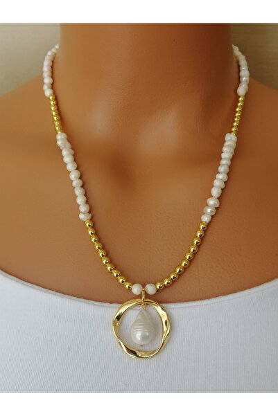 LemaStone 5-6 MM Ham Barok Doğal İnci ve gold renk hematit taşlı kolye,küpe ,...