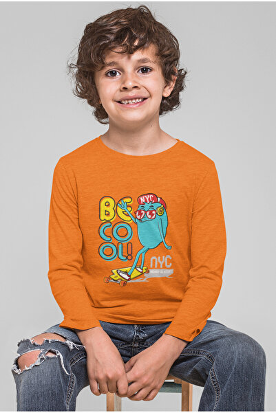 Bubuga Erkek Çocuk Uzun Kollu Tişört BE COOL Kaykaycı Canavar Baskılı %100 Pamuk