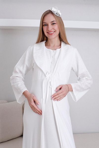 Lohussa Women's Ecru Special Design Lace Maternity Dressing Gown Nightgown Set with Dressing Gown