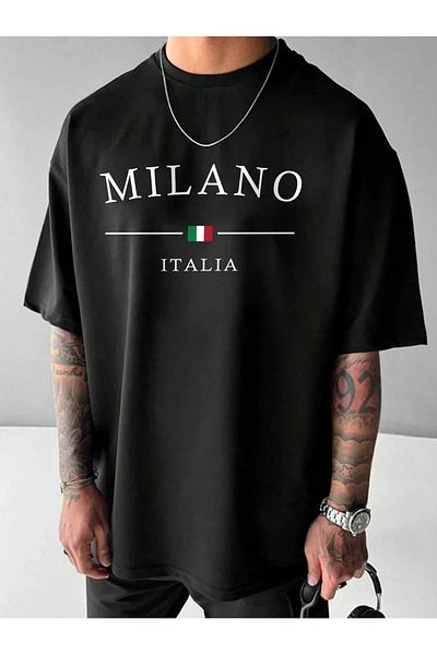 VBSVİBES Milano Italia Printed Single Jersey Black T-Shirt - Oversize Crew Neck T-Shirt