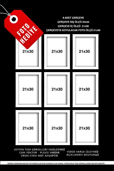 yeditepe hayat 9 Pcs (A4) 21X30 White Frame Mdf - Plexi Multifoto Frame - A4 Frame - 21X30