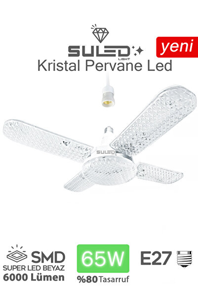 SULED Kristal Pervane 4 Kanat Led Ampül 65W 6000 Lümen Süper Güçlü E27 Lamba A Kalite Beyaz Işık