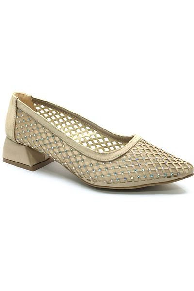 KOCAMANLAR Women's Ballerina Shoes Seribo Lace Stone Detailed Short Heels Gold