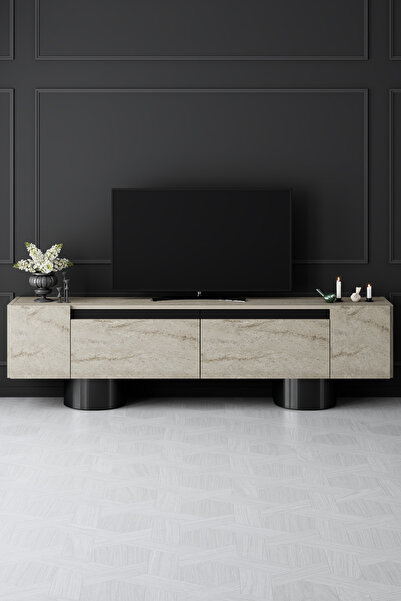 Modatte BOHEM SİYAH METAL AYAKLI SİYAH TASARIM TRAVERTEN MERMER TV SEHPASI