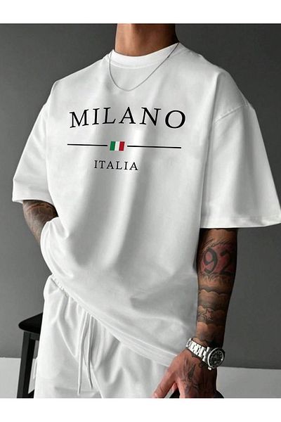 VBSVİBES MILANO ITALIA Λευκό μπλουζάκι με μονό ζέρσεϊ με στάμπα - Μπλουζάκι με λαιμόκοψη μεγάλου μεγέθους