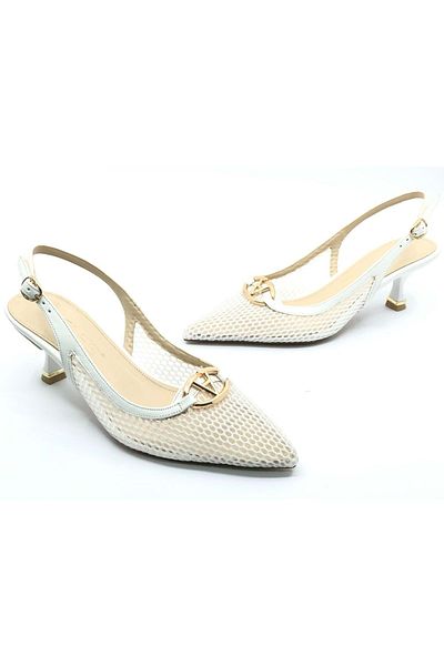 KOCAMANLAR Feles Lace Detailed Open Back Stiletto Women's Heeled Shoes White