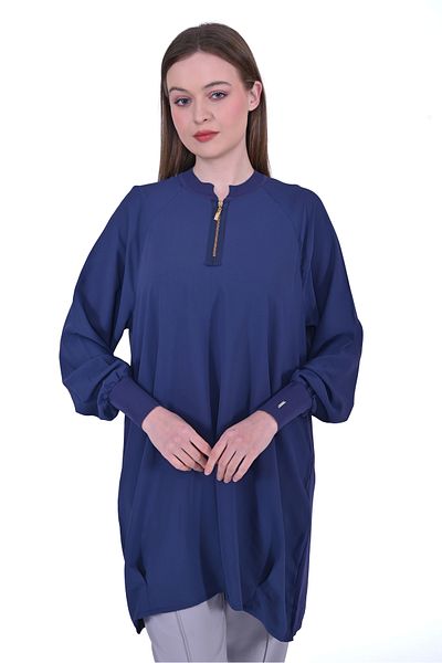 Invee Indigo Chiffon Tunic - Knitwear Collar, Zip Sleeves