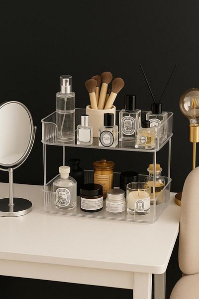 Bambus Home منظم مكياج مكون من طبقتين، منظم مكياج/مستحضرات تجميل/مطبخ/حمام/مجوهرات متعدد الأغراض