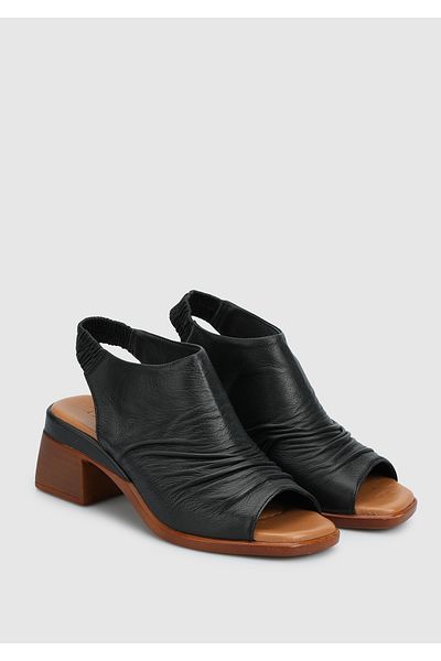 Provoq Black Leather Women's Heeled Sandals