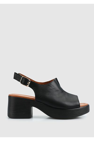 Provoq Black Leather Women's Heeled Sandals