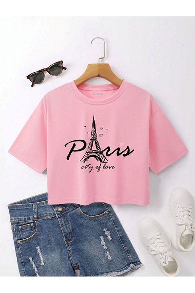VBSVİBES Paris City of Love Printed Women's Crop Pink T-Shirt