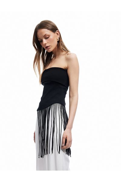 Koton Cotton Asymmetrical Cut Tassel Strapless Blouse