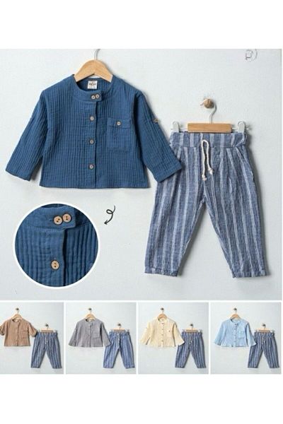 tutasteegiyim Light Blue Wooden Collar Boy-Baby Muslin Top and Bottom Set
