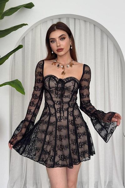 lovebox Vintage Lace Mini Dress - Long Sleeve, A-Line, Short Dress for Autumn Prom, Evening Party