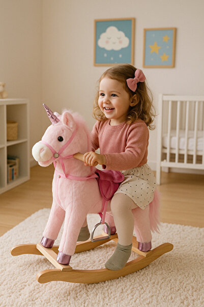 Dolly Unicorn Sallanan At | Ahşap Ayaklı Müzikli 65 cm | Çocuklar İçin Yumuşa...