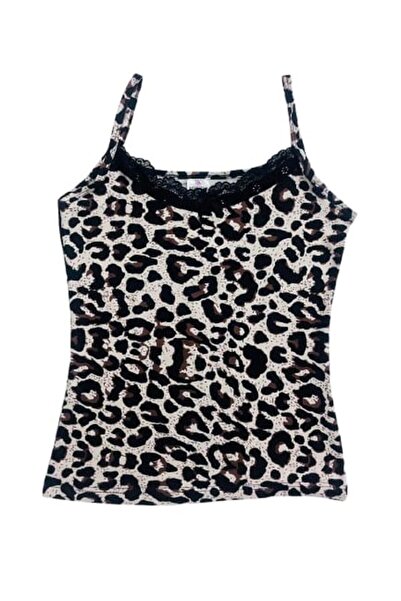 Manolya Kadın Milan Kumaş Leopar Desen Yaka ve Paça Güpürlü İp Askılı Pijama Takımı