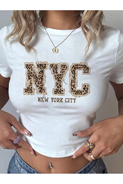 l'eivor Njujork Leopard dezen Štampano Beli Pamuk Skraćeni kroj T-shirt