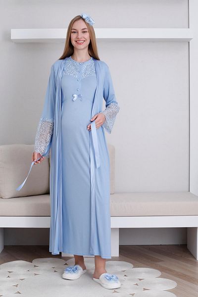 Lohussa Women's Blue Design Lace Maternity Dressing Gown Nightgown Set with Dressing Gown