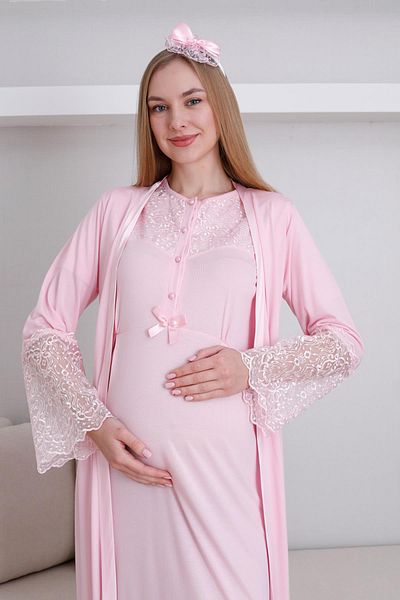 Lohussa Women's Pink Design Lace Maternity Dressing Gown Nightgown Set