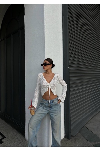 novalook tricotaj cu aspect dantelat Bolero cardigan cu șnur