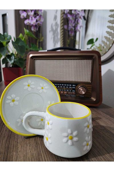 Tasarım Yellow Daisy Patterned Handmade Plate Ceramic Boiler Model Mug Cup