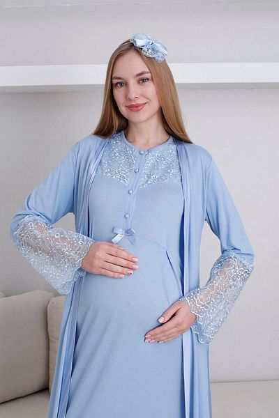 Lohussa Women's Blue Design Lace Maternity Dressing Gown Nightgown Set with Dressing Gown