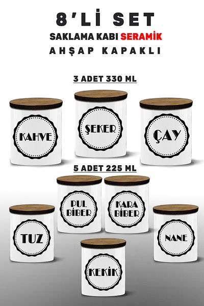 yeditepe hayat Salt-Black Pepper-Pul Pepper-Tea-Sugar-Coffee-Spice Set-Mint-Thyme 8 Pieces Storage Container - 8Mdl7
