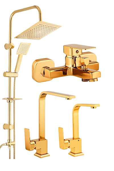 BF BLACKFİT Kare Gold Mutfak Lavabo Banyo Bataryası Set Tepe Duş Seti Lüks Ba...