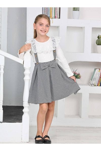 tutasteegiyim Bow Houndstooth Gilet Skirt Suit Girl