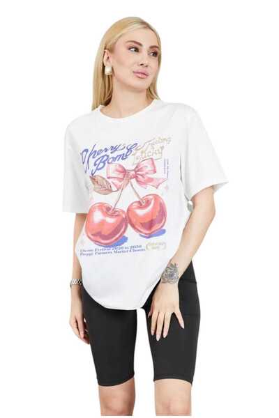 just take Tricou imprimat cu cireșe Tricou de vară cu model de fructe pentru femei Stil distractiv, colorat, supradimensionat