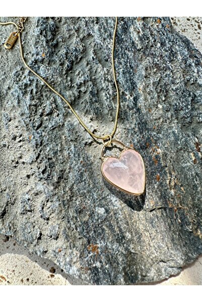 cansu birteksöz Rosey - Pembe Kuvars Kalp Taşlı Çelik Kolye