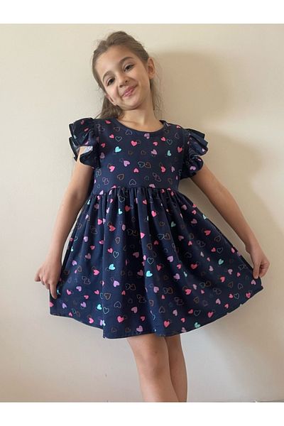 özge başaran Girls Heart Print Navy Blue Short Sleeve Dress - Summer Casual Dress