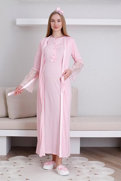 Lohussa Women's Pink Design Lace Maternity Dressing Gown Nightgown Set