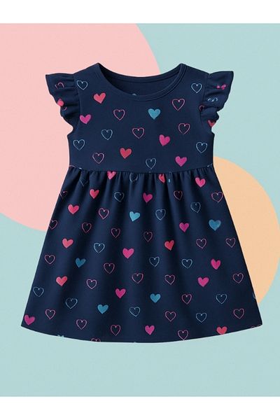 özge başaran Girls Heart Print Navy Blue Short Sleeve Dress - Summer Casual Dress