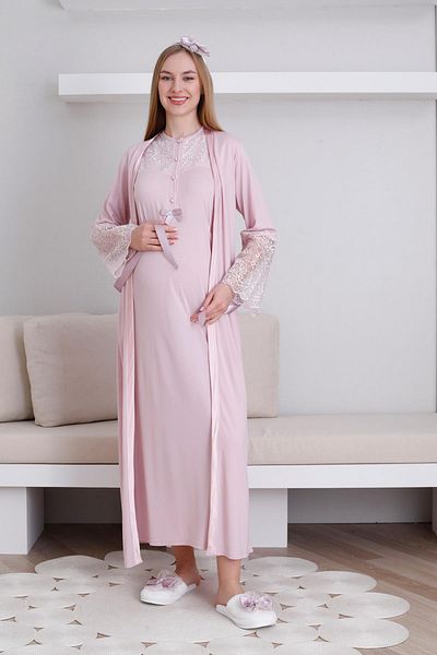 Lohussa Women's Powder Design Lace Maternity Maternity Dressing Gown Nightgown Set