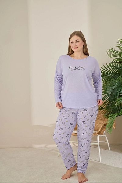 Pijamoni Large Size Viscose Fabric Long Sleeve Lilac Pajama Set -7330