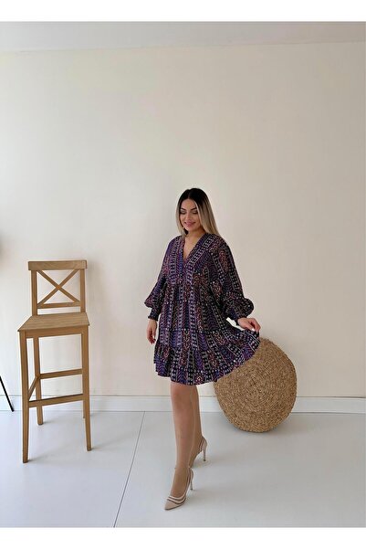 SEDA FİDAN BOUTIQUE Etnik Desen Salaş Elbise Mor
