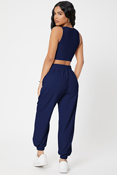 babatr.com Women's Navy Blue Camisole Pocketed Jogger Sweatpants and Crop Top Blouse