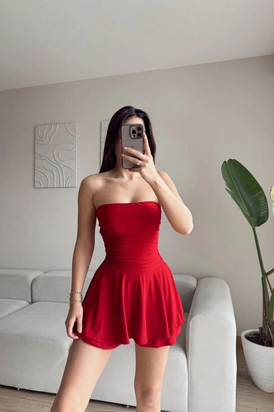 MOZENA Strapless Skirt Flounce Mini Short Dress