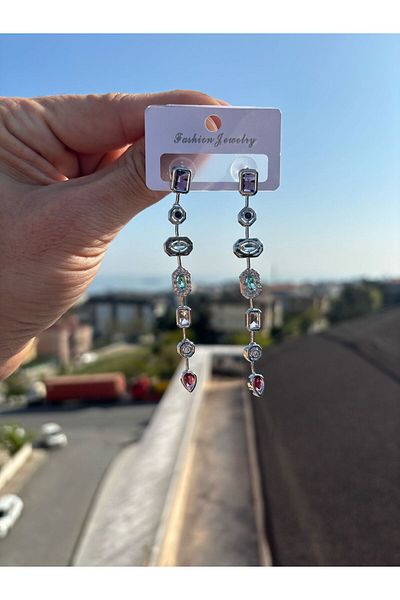 Ygz Accessories Silver Geometric Detail Colorful Zircon Stone Steel Earrings