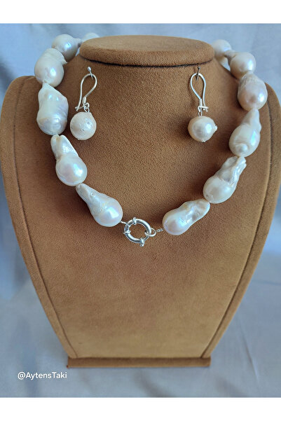 Doğal Barok İnci Set, Gümüş Gemici Kilitli Kolye & Küpe Seti