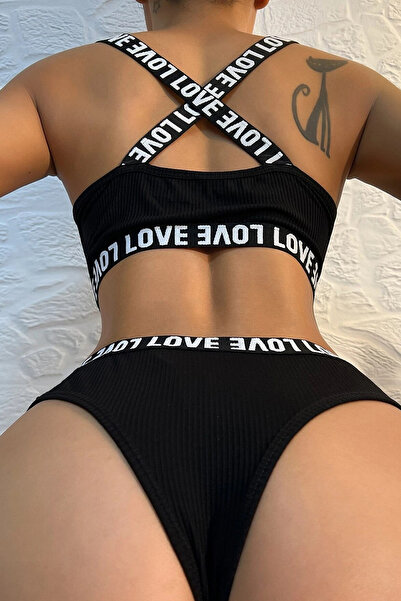 babatr.com Women's Black Cross Back and Love Text Detailed Underwear Set