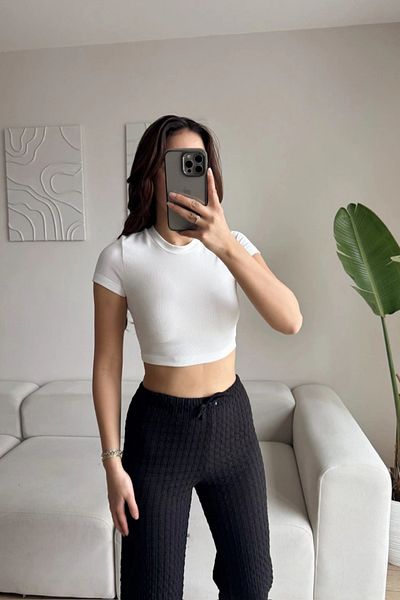 MOZENA Seersucker Fabric Loose Trousers with Lace-Up Waist