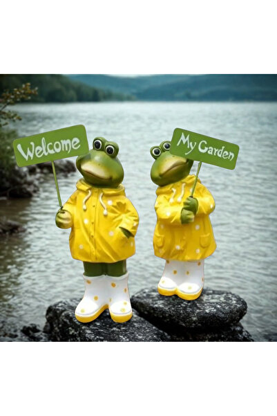 İki Cadı Tasarım 2'li Kurbağa Set, Yağmurluklu Tabela Tutan Heykel Biblo, Bah...