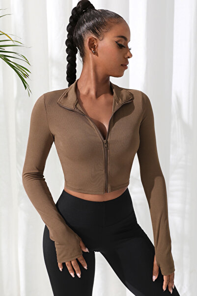 babatr.com Women's Brown Long Sleeve Zippered Finger Snap Detailed Stand Collar Crop Top Blouse