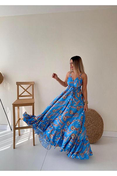 SEDA FİDAN Fusta cu bretele Rochie din satin cu volan Albastru