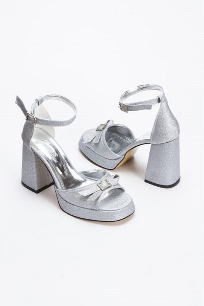 Blackroses Women's Single Strap Platform Detailed Open Toe Heeled Shoes Silver