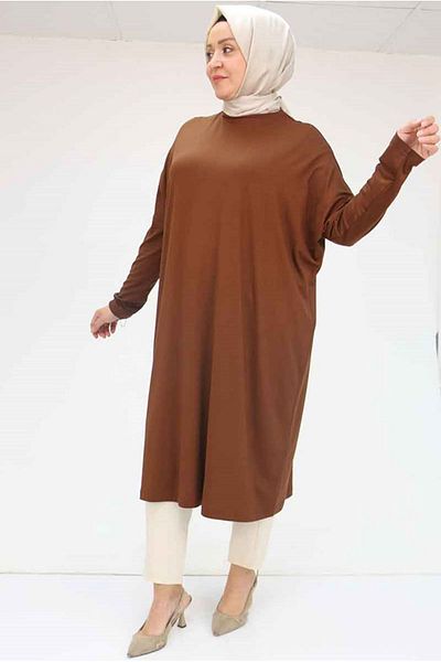 Moda Rosa 25Y28092 - Brown - Large Size Low Sleeve Combed Cotton Tunic